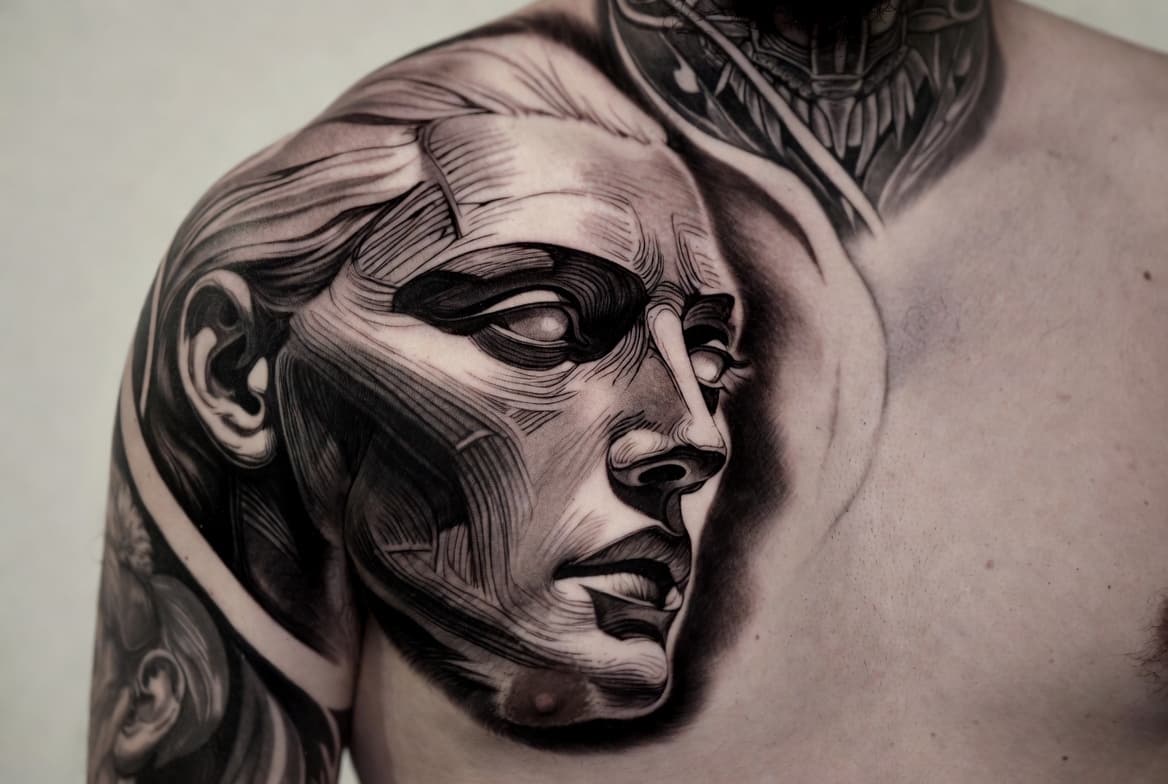 Hyper-detailed black and gray portrait by Silas Crowe
