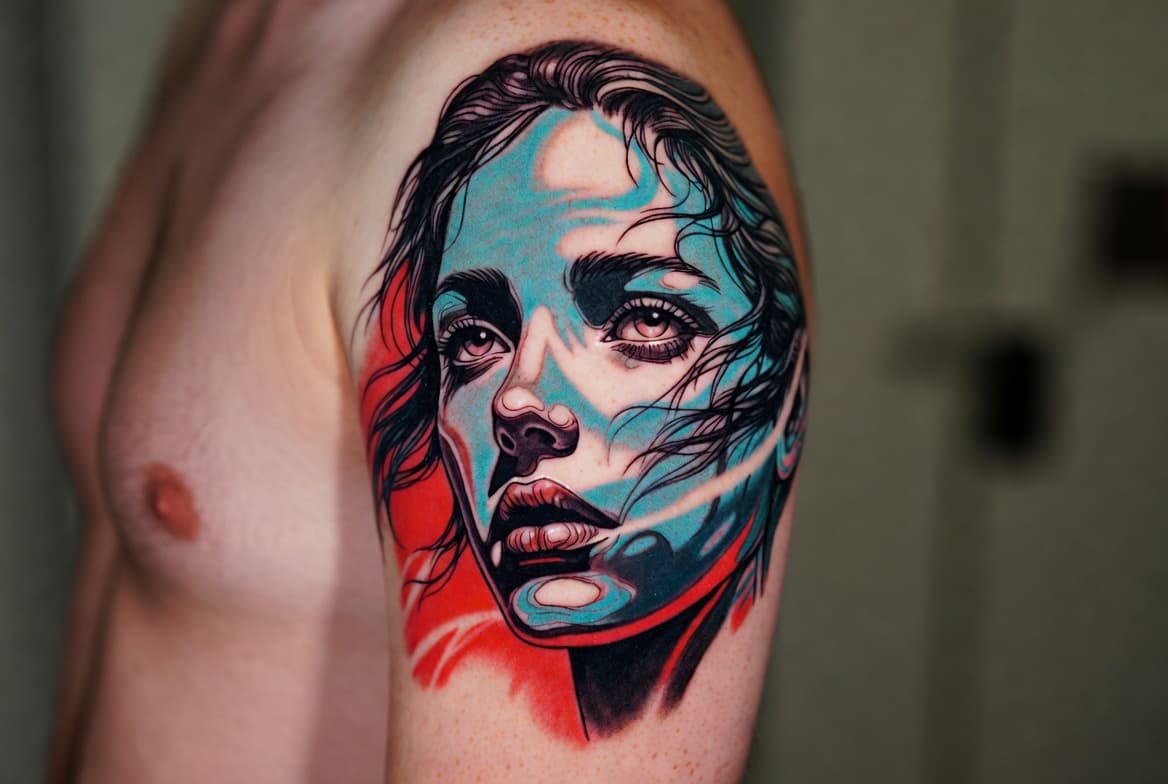 Vibrant color realism portrait tattoo by Riven Cole