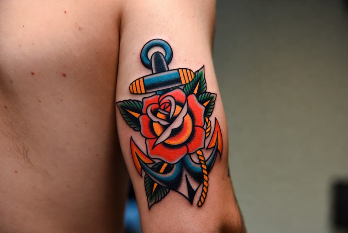 Classic American traditional rose and anchor by Silas Crowe
